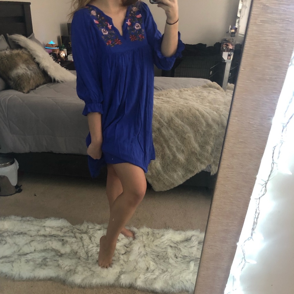 Blue Floral Embroidered Peasant Dress